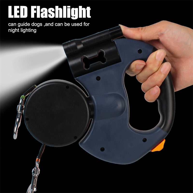 Dual Retractable Dog Leash – Reflective No-Tangle 360° Swivel Lead with Lights