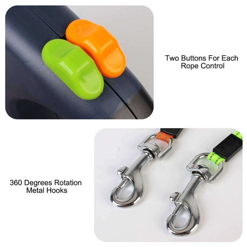 Dual Retractable Dog Leash – Reflective No-Tangle 360° Swivel Lead with Lights