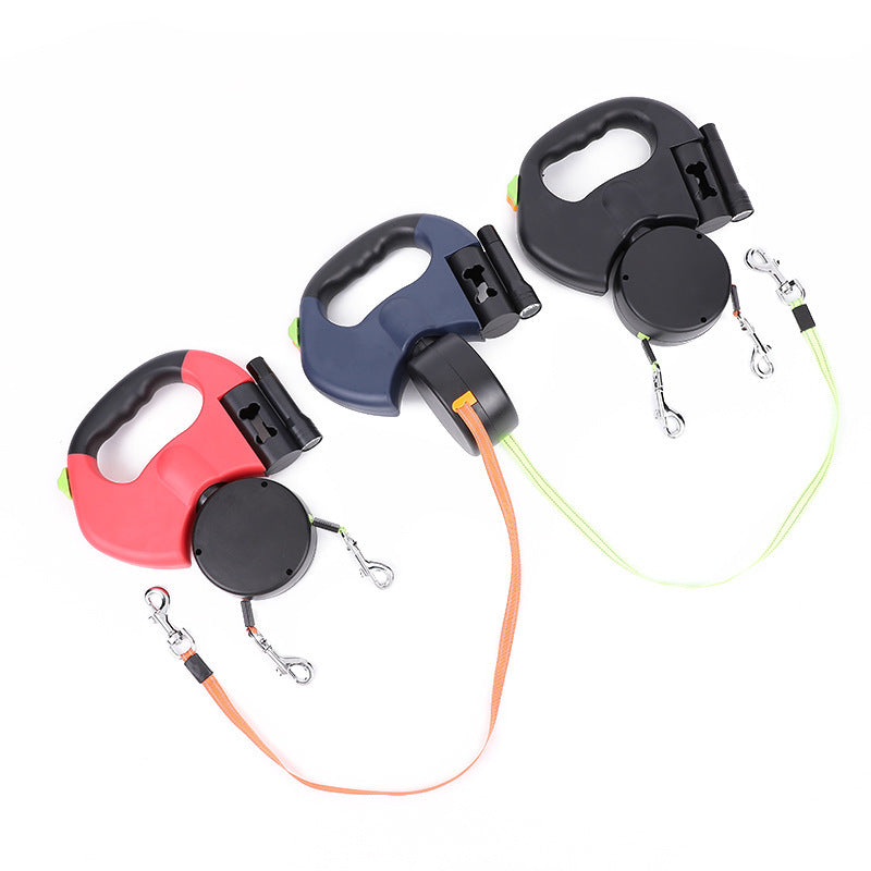 Dual Retractable Dog Leash – Reflective No-Tangle 360° Swivel Lead with Lights