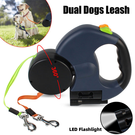 Dual Retractable Dog Leash – Reflective No-Tangle 360° Swivel Lead with Lights